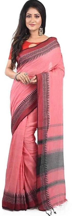 AjoyDas Self Design, Woven, Striped, Temple Border Handloom Pure Cotton Saree