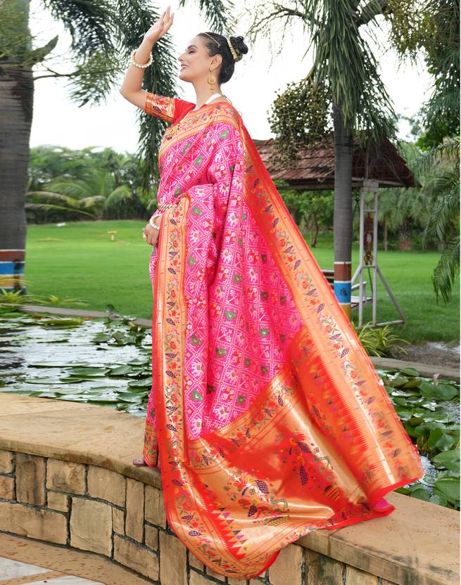 Woven, Embellished, Self Design Patola Art Silk Saree  (Pink, Gold, Multicolor)