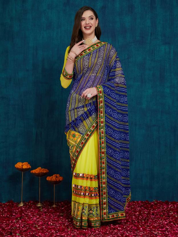 SERONA FABRICS Printed Bandhani Georgette, Jacquard Saree