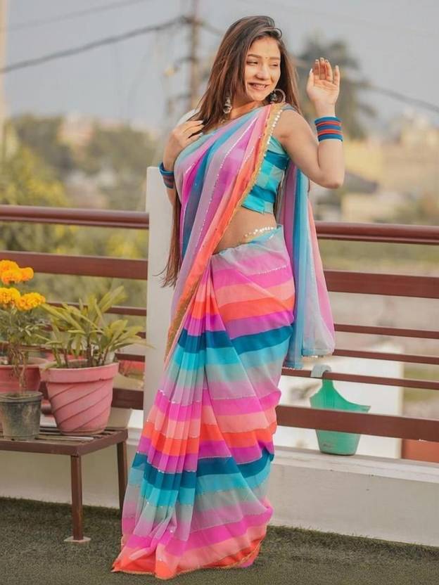 Clemira Striped, Printed Bollywood Georgette Saree