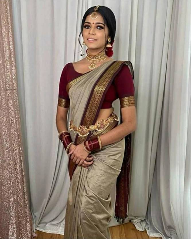 KanjiQueen Woven Banarasi Cotton Blend Saree (Brown, Beige)