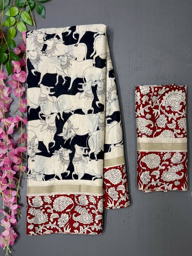 RegalDrapes Printed Kalamkari Cotton Silk Saree (Black)