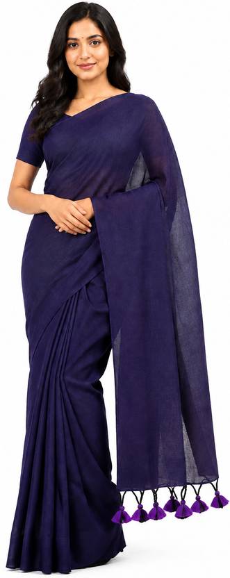KISHORI MART Solid/Plain Daily Wear Cotton Blend Saree