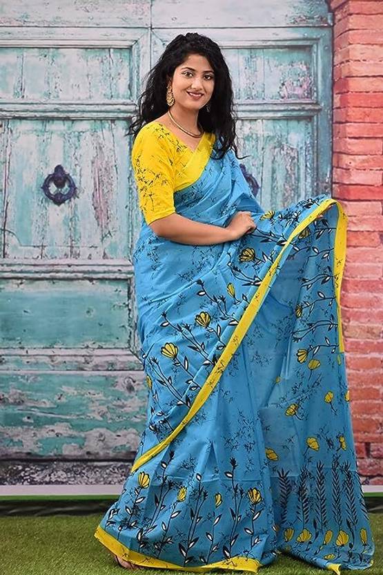SUNDREESAREE Printed Ikkat Pure Cotton Saree (Light Blue)