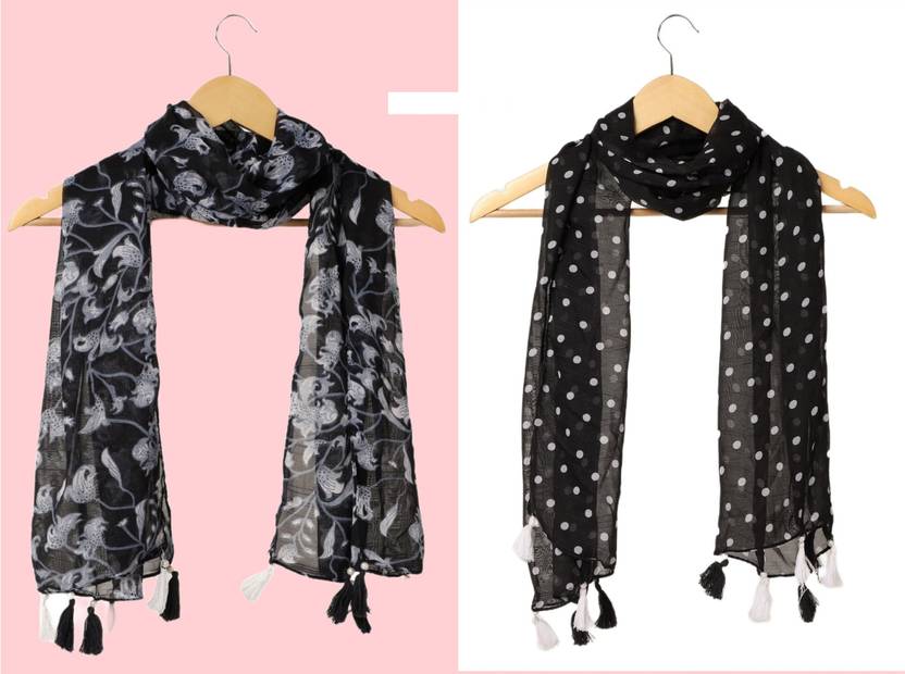 StoleVilla Printed Chiffon Women Black, White Scarf, Stole, Fancy Scarf