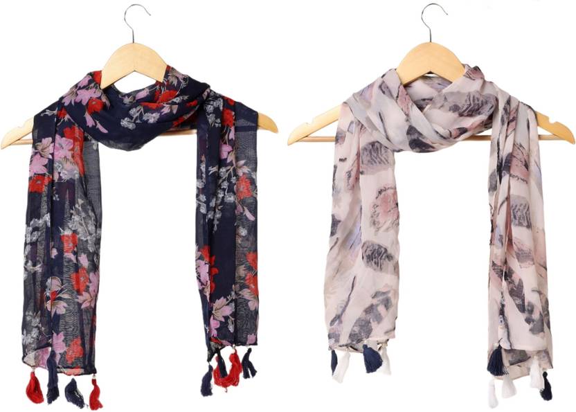 StoleVilla Printed Chiffon Women Black, Pink Scarf, Stole, Fancy Scarf