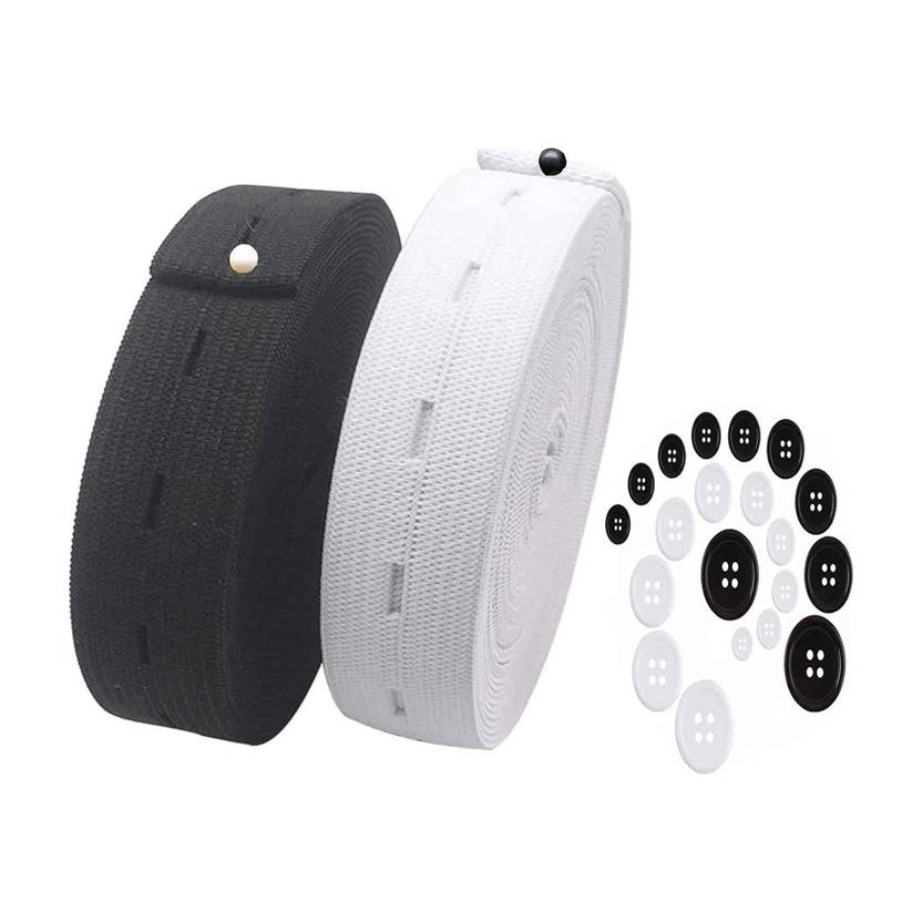 Aakriti 3/4-Inch Elastic Flatback Black and White Sewing Bands Spool with Buttonhole Elastic Flat Elastic Cord with10pcs Buttons Elastic 5 MTR White 5 Mtr Blk Nylon Ribbed Sewing Belt