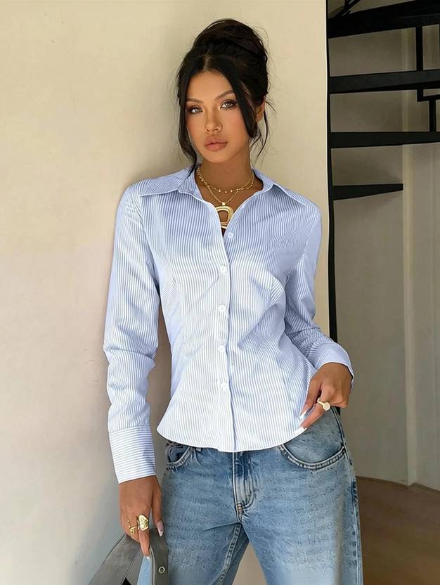 swaggish Women Striped Casual Blue Shirt