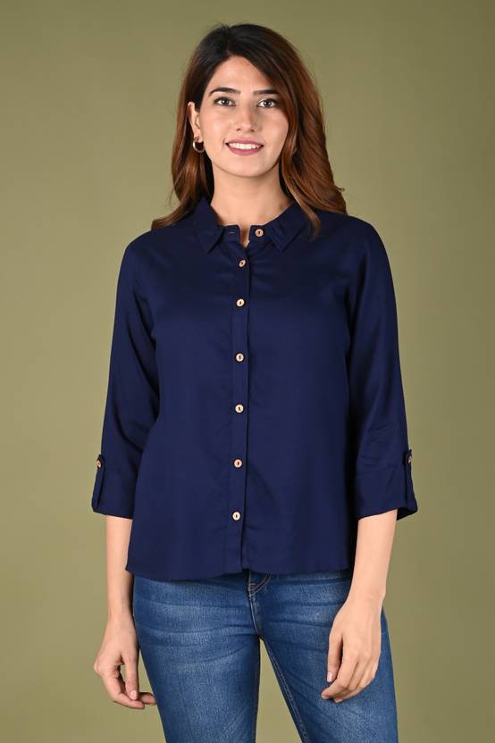RIJHARI Women Slim Fit Solid Spread Collar Casual Shirt