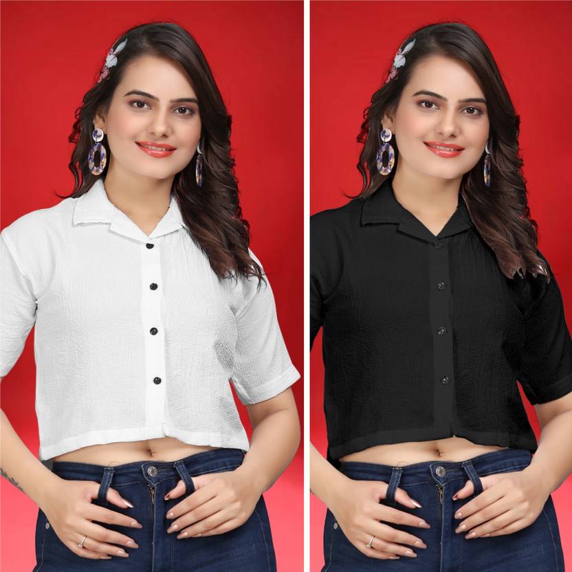 indicare Women Regular Fit Solid Cut Away Collar Casual Shirt (Pack of 2)