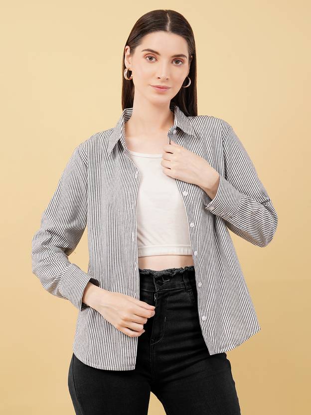 swaggish Women Striped Casual Black Shirt