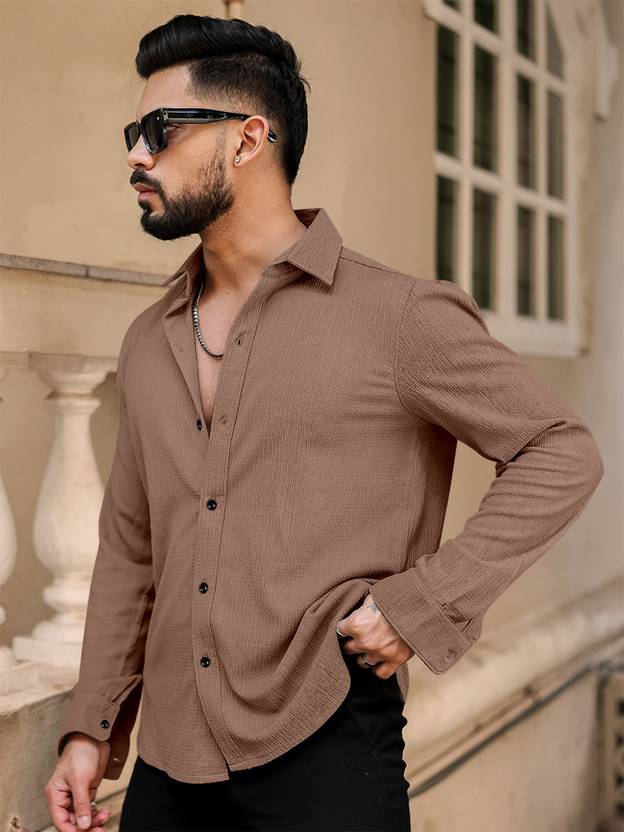 HouseOfCommon Men Regular Fit Self Design Spread Collar Casual Shirt