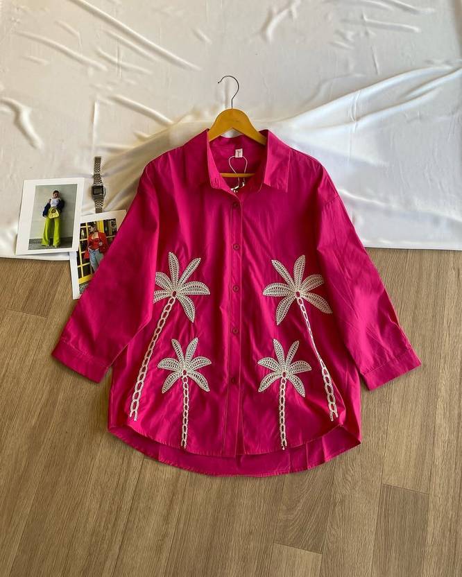 Wiora Women Embroidered Casual Pink, White Shirt