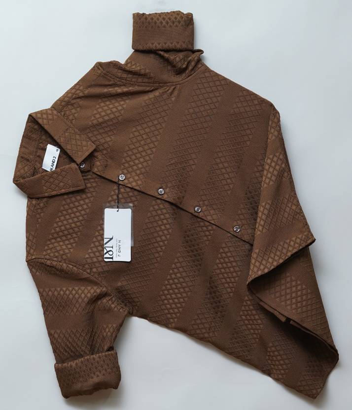 N AND J Men Slim Fit Self Design Spread Collar Casual Shirt