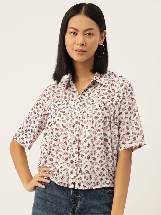 SLENOR Women Boxy Fit Printed Spread Collar Casual Shirt