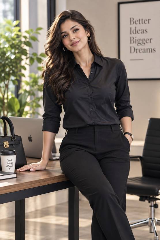 Novotny Women Regular Fit Solid Spread Collar Casual Shirt
