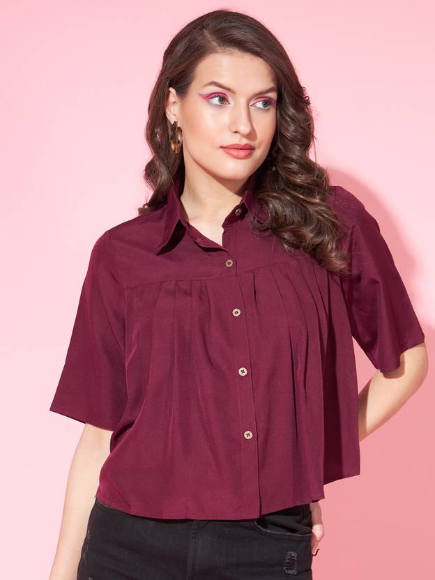 SLENOR Women Boxy Fit Solid Spread Collar Party Shirt