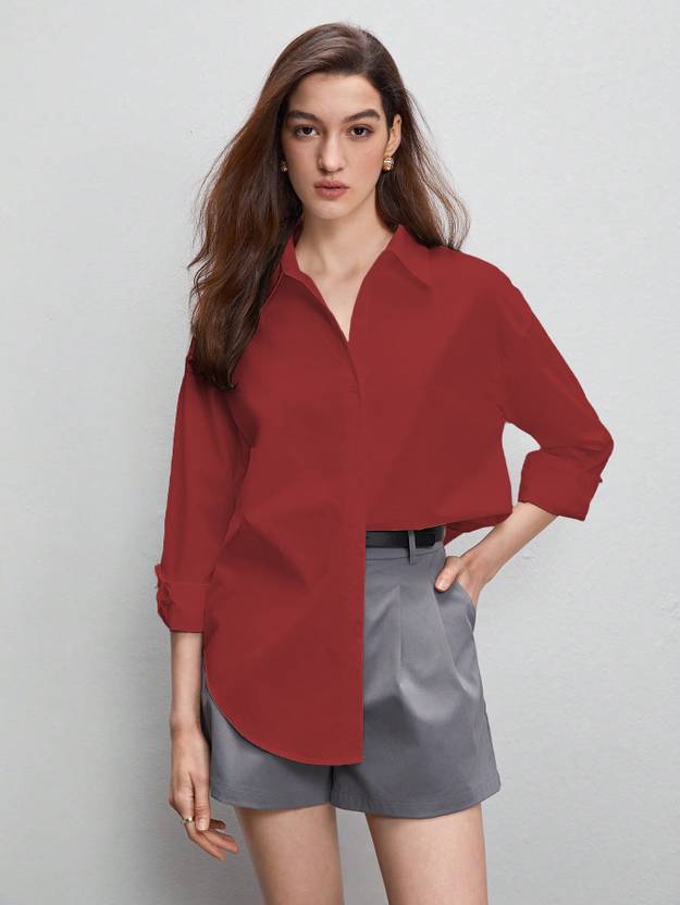 Aahwan Women Relaxed Fit Solid Spread Collar Casual Shirt