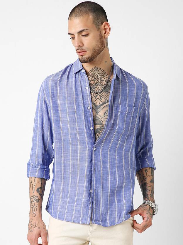 VASTRADO Men Striped Casual Blue Shirt