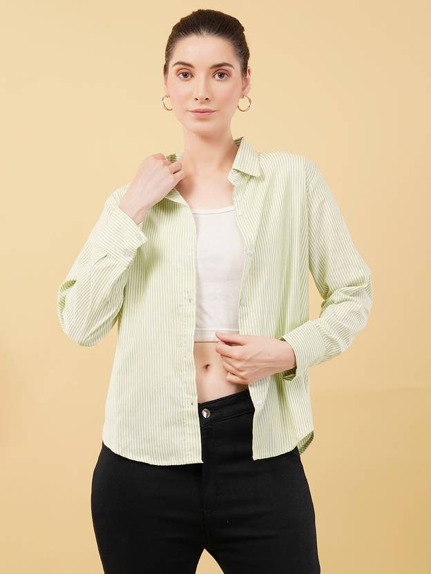 swaggish Women Striped Casual Green Shirt