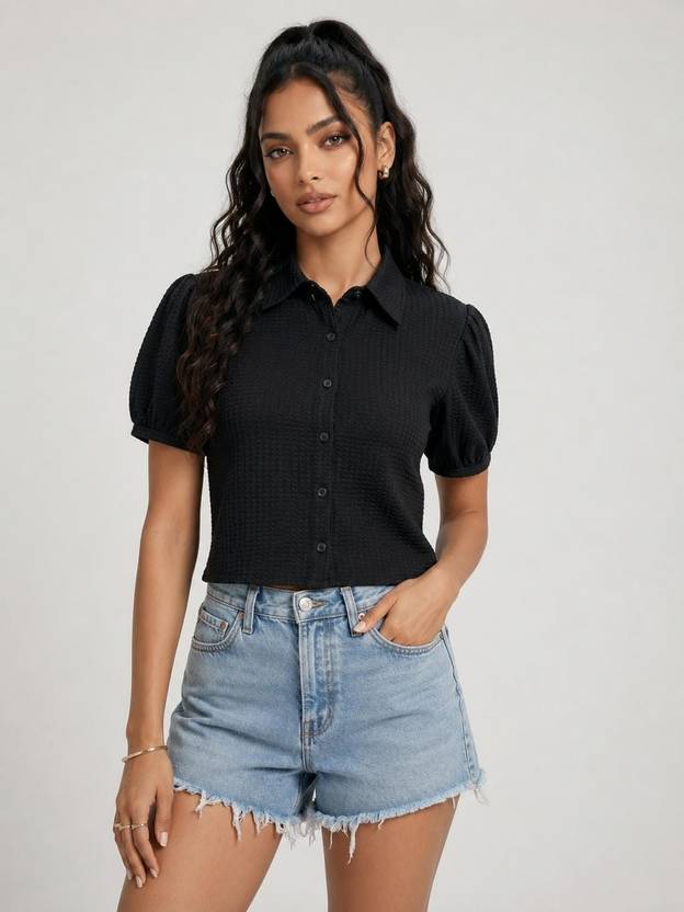 AROD Women Striped Casual Black Shirt