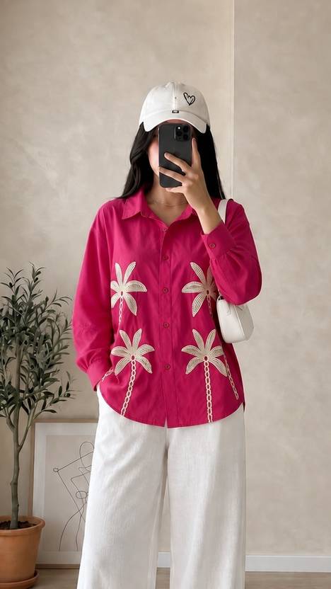 Wiora Women Relaxed Fit Embroidered Mandarin Collar Casual Shirt