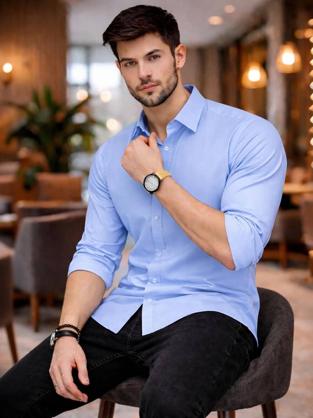 PRIVASTRAM Men Solid Casual Light Blue Shirt