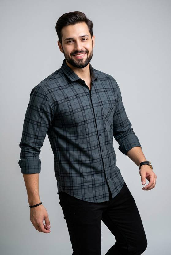 SZN Men Checkered Casual Grey, Black Shirt