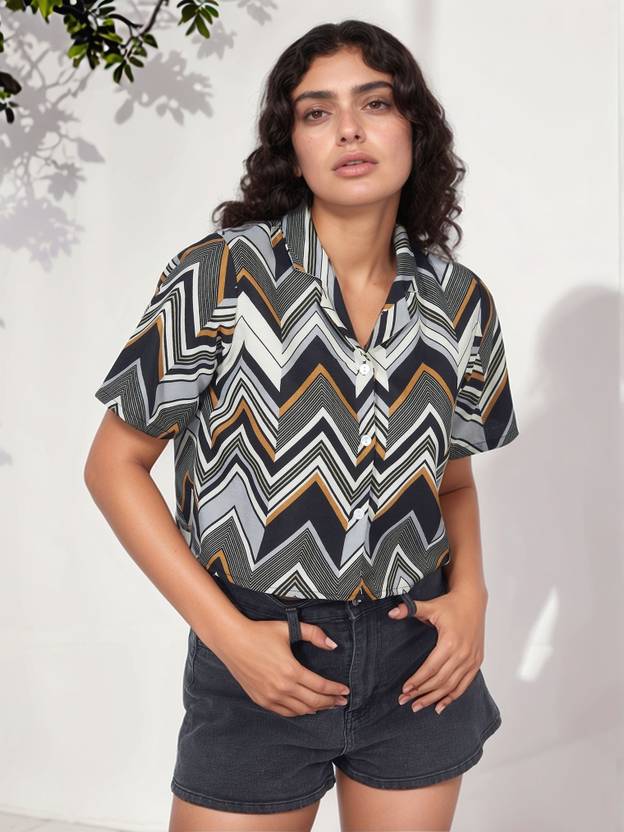 FashFun Women Oversized Fit Printed Lapel Collar Casual Shirt