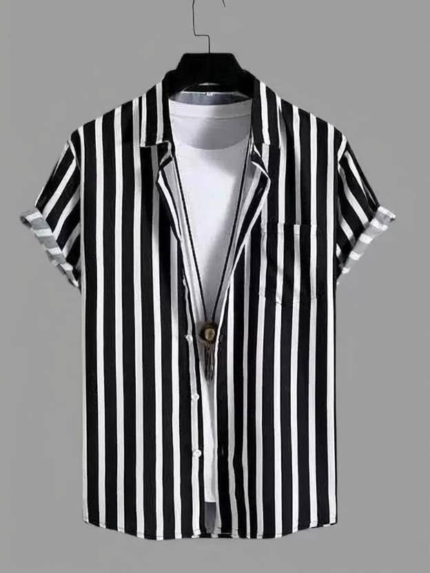 bollydolldesigner Men Striped Casual White, Black Shirt