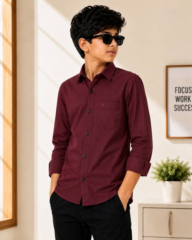 boldcloth Boys Regular Fit Solid Spread Collar Casual Shirt