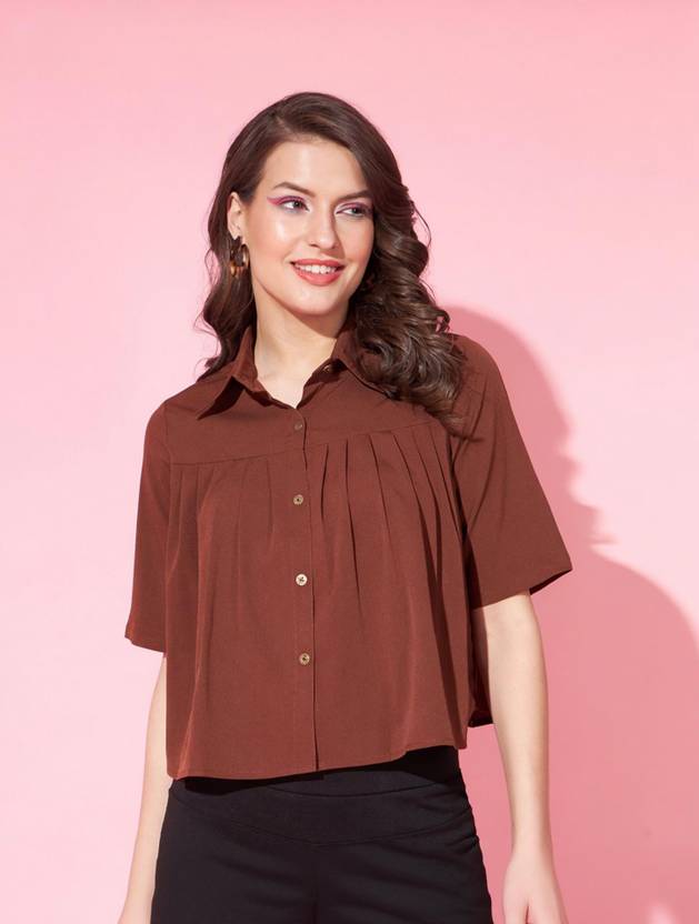 SLENOR Women Boxy Fit Solid Spread Collar Casual Shirt