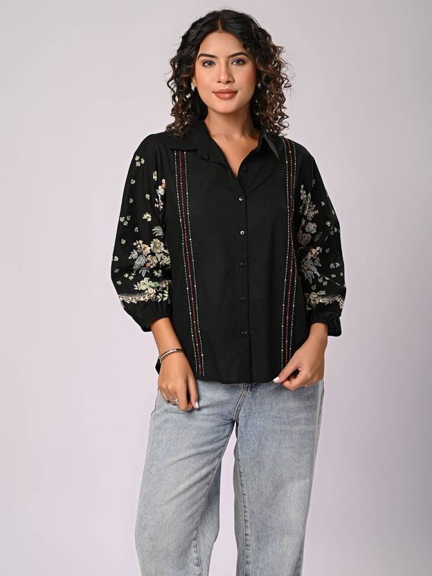 Zolo Label Women Solid, Floral Print, Embroidered Casual Black Shirt