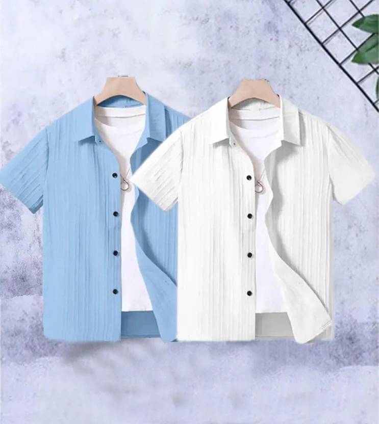 INDOSTREND Boys Self Design Casual Blue, White Shirt