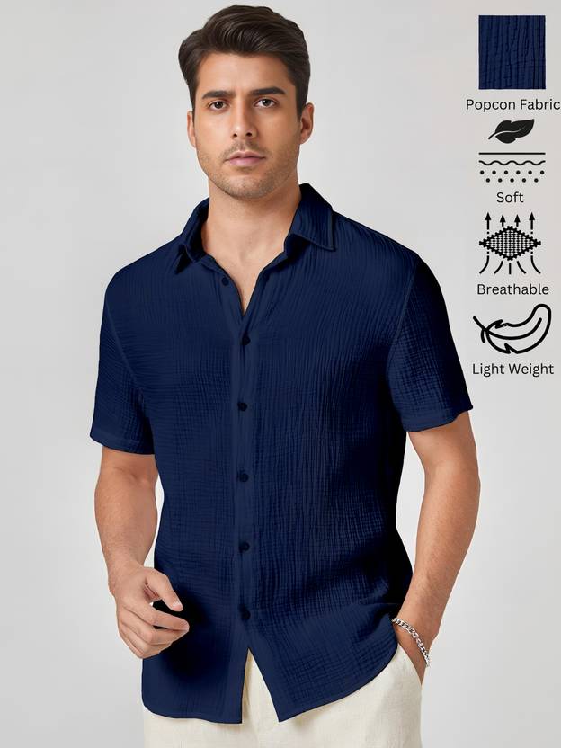Webric Men Self Design Casual Dark Blue Shirt