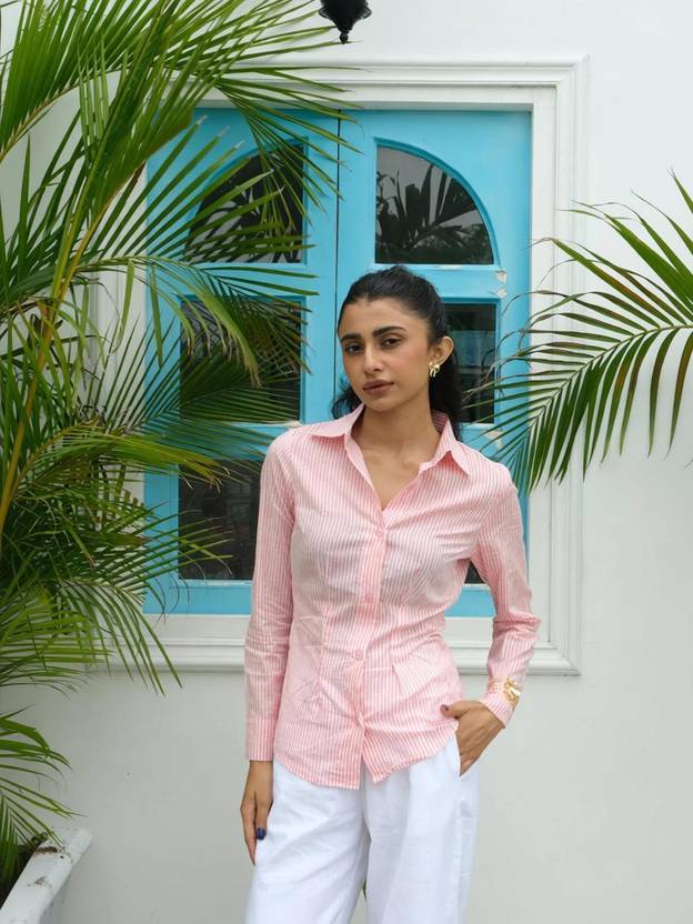 swaggish Women Striped Casual Pink Shirt