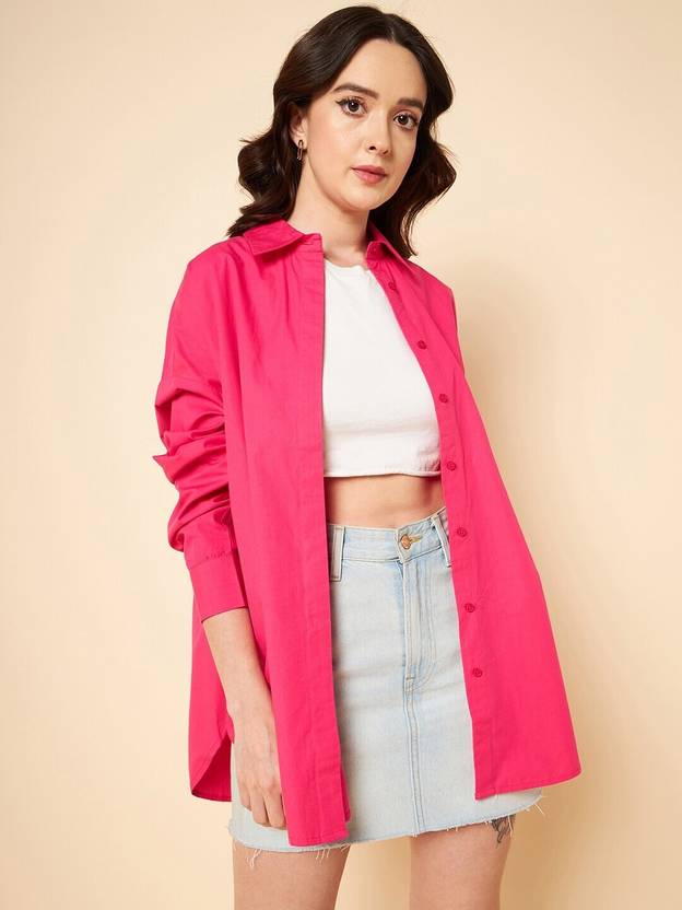 WHY SO FAB Women Oversized Fit Solid Spread Collar Casual Shirt