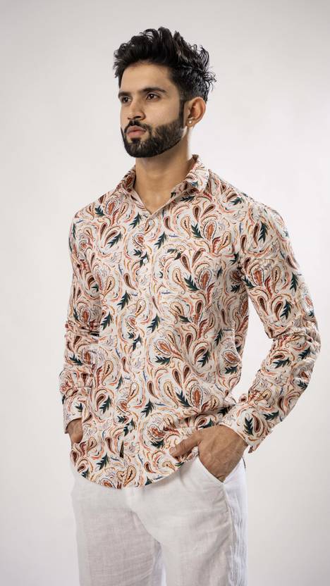 Royaltail Men Floral Print, Printed Casual Cream Shirt