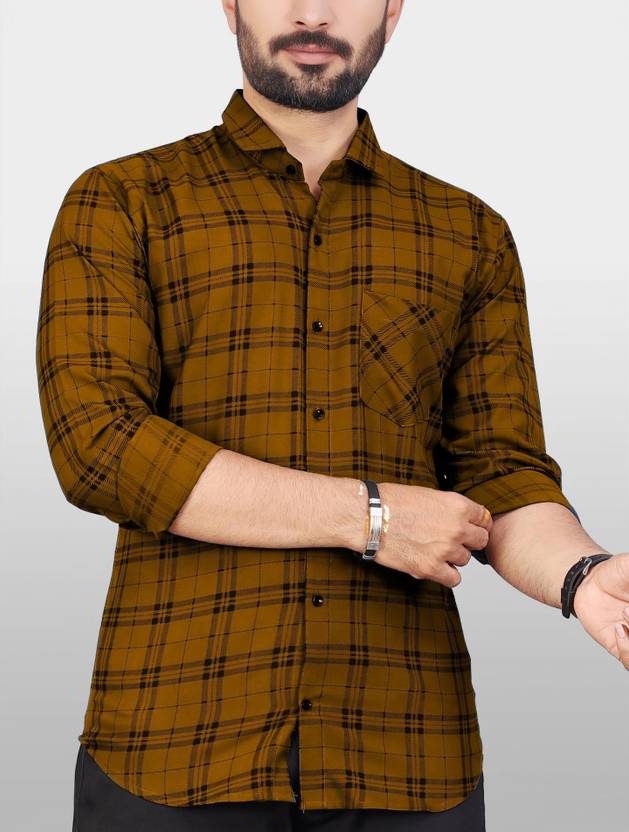 HKV FASHION Men Checkered Casual Brown Shirt