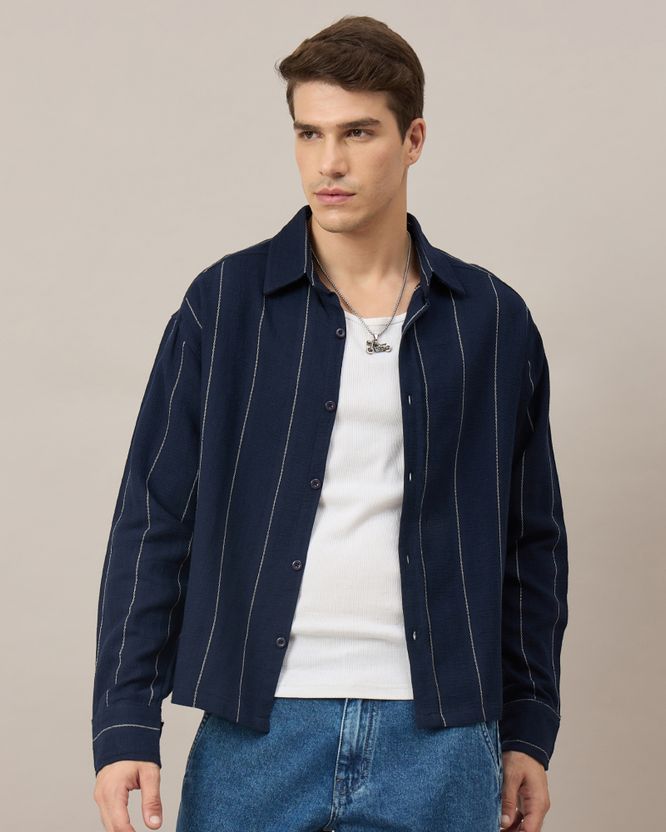 Chimpaaanzee Men Boxy Fit Striped Shirt - Image 5