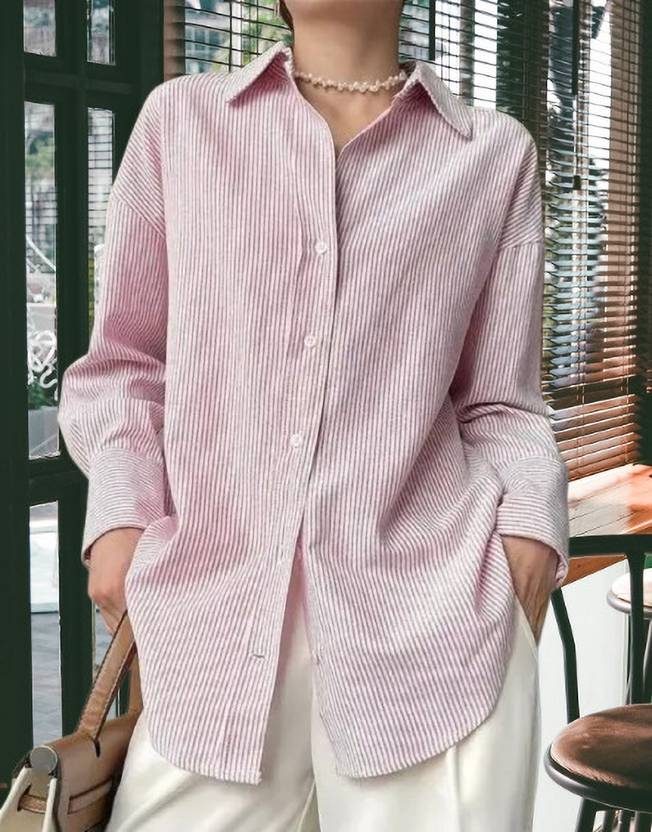 rajni global Women Relaxed Fit Fit Striped Tie up Collar Formal Shirt