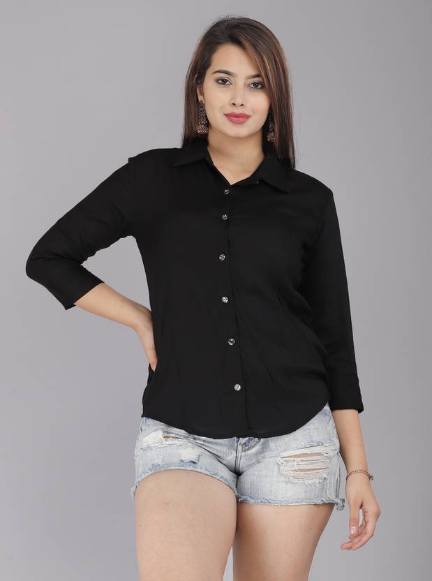 HouseOfCommon Women Slim Fit Solid Built-up Collar Casual Shirt