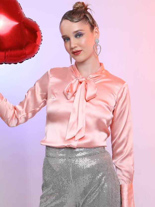 KETCH Women Regular Fit Solid Tie up Collar Casual Shirt
