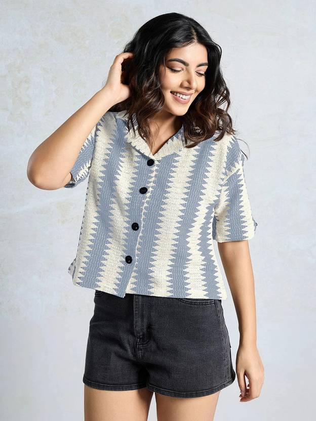 EKASYA Women Boxy Fit Self Design Lapel Collar Casual Shirt