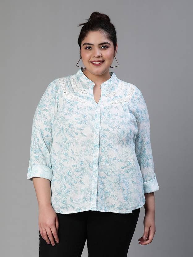 OXOLLOXO Women Plus Size Floral Mandarin Collared with Button Tab Sleeve Cotton Shirt…