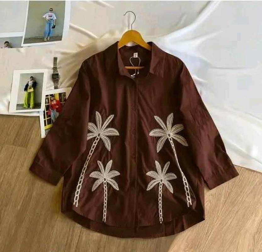 Wiora Women Relaxed Fit Embroidered Spread Collar Casual Shirt