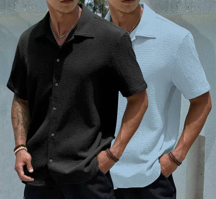 COMBRAIDED Men Slim Fit Solid Cut Away Collar Casual Shirt (Pack of 2)