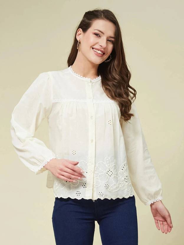 J TURRITOPSIS Women Relaxed Fit Fit Embroidered Button Down Collar Casual Shirt