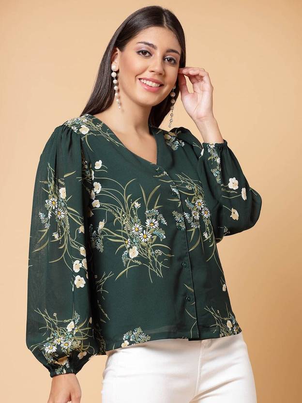 PLUSS Women Regular Fit Printed Collarless Collar Casual Shirt