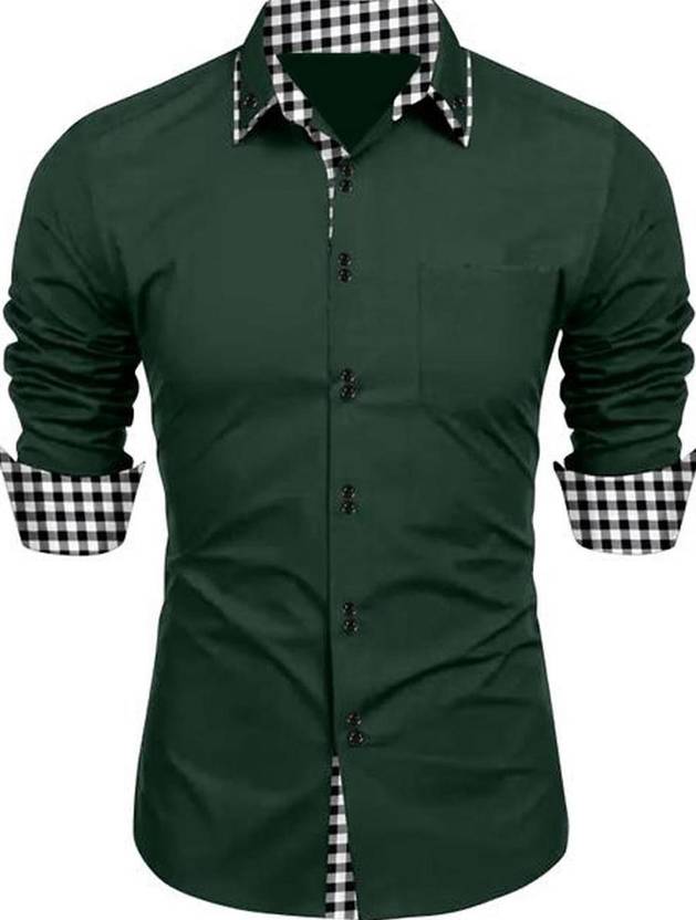DEELMO Men Solid Casual Green Shirt